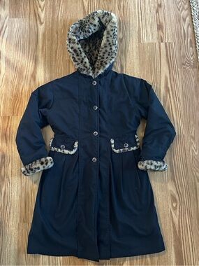 Vintage F.W. Fischer Black Dress Coat with Leopard Faux-Fur Trim